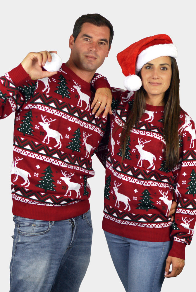 Jersey de Navidad para Hombre Rojo Árboles de Navidad y Renos pareja