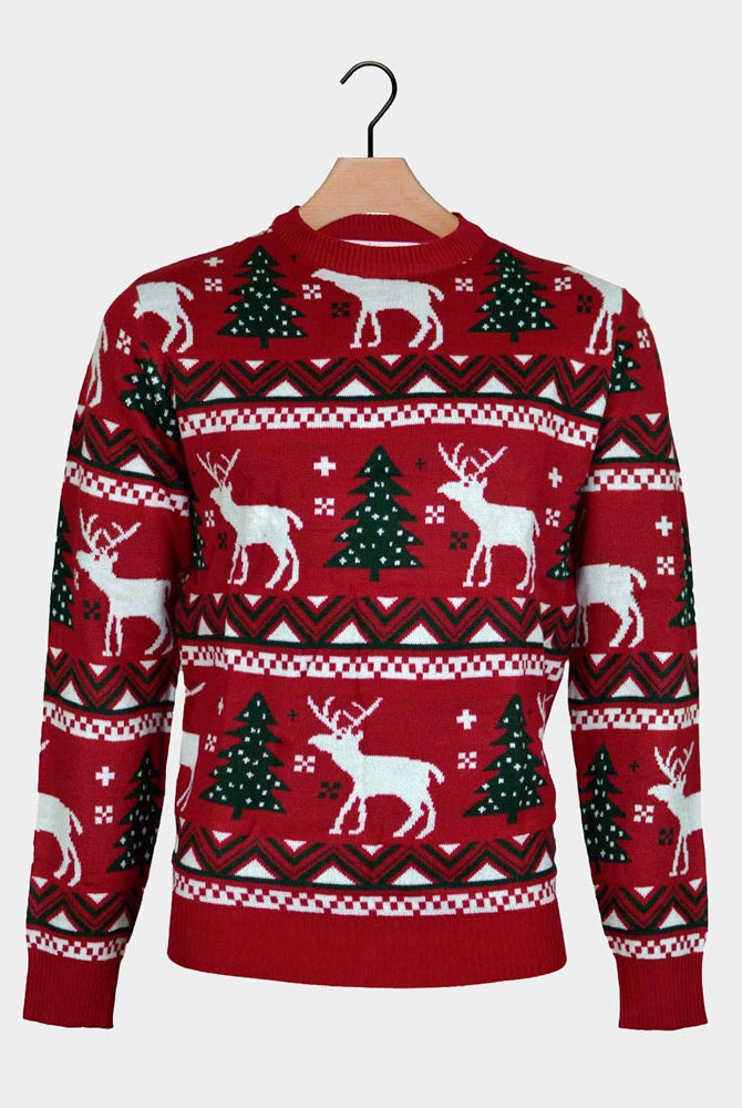 Jersey de Navidad para Hombre Rojo Árboles de Navidad y Renos