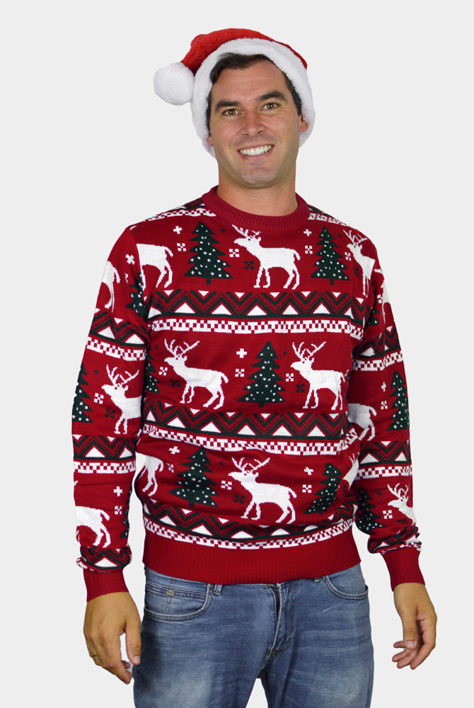 Jersey de Navidad Hombre Rojo Árboles de Navidad y Renos