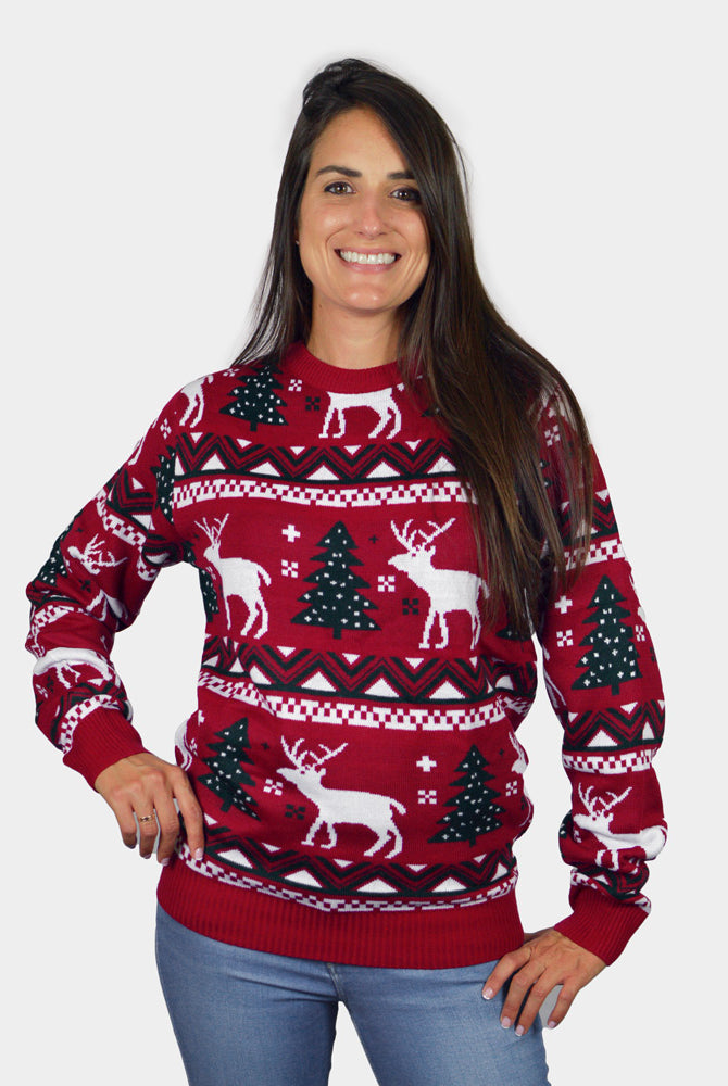 Jersey de Navidad Mujer Rojo Árboles de Navidad y Renos