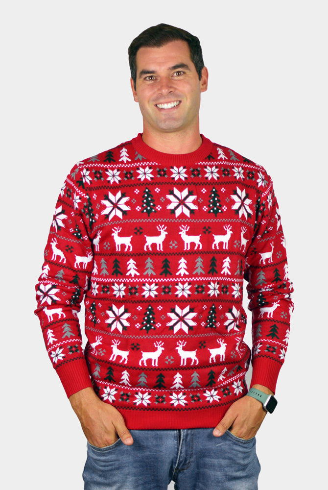Jersey de Navidad Hombre Rojo Renos, Árboles y Estrellas Polares