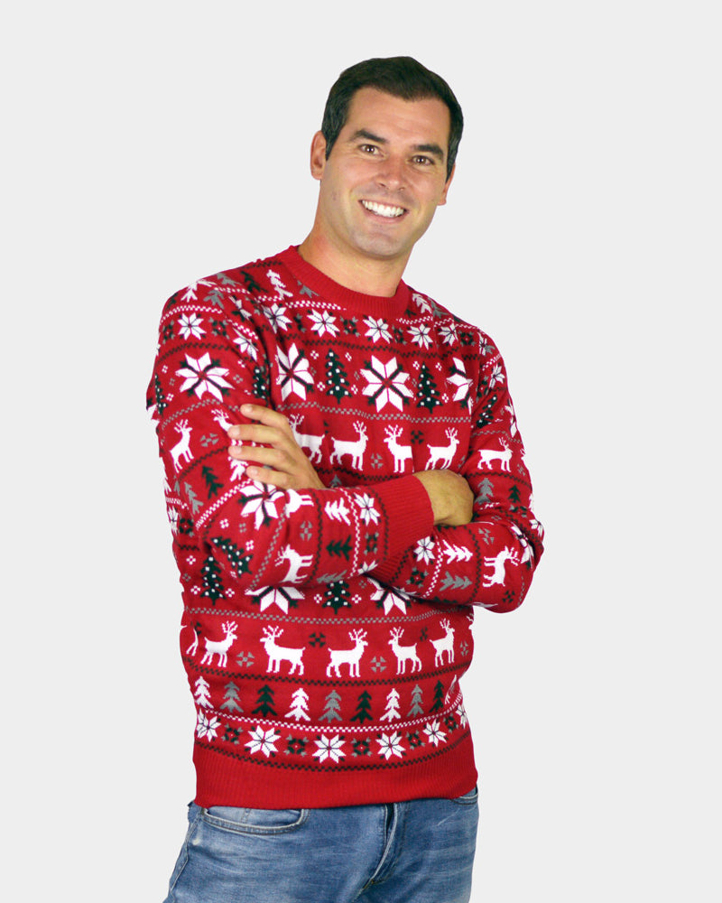 Jersey de Navidad para Hombre Rojo Renos, Árboles y Estrellas Polares