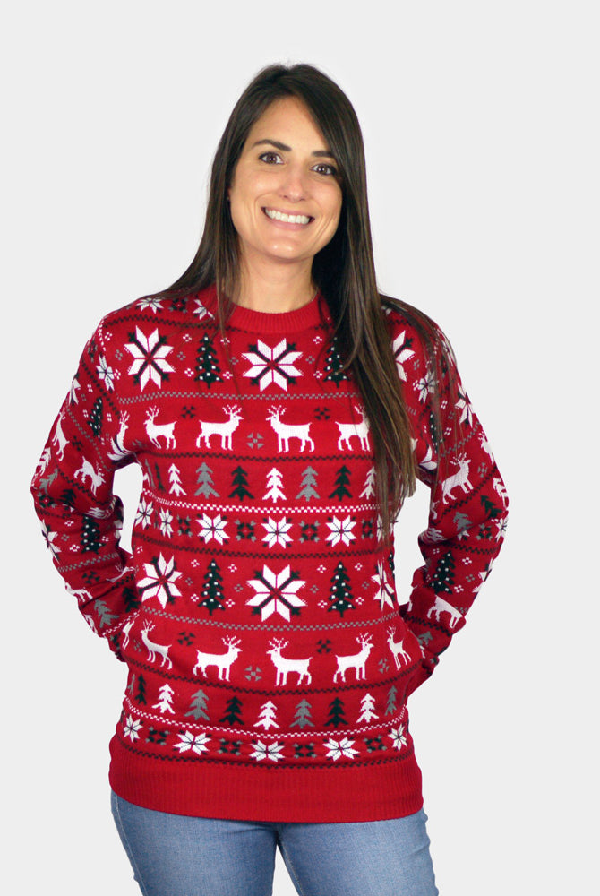 Jersey de Navidad Mujer Rojo con Renos, Árboles y Estrellas Polares