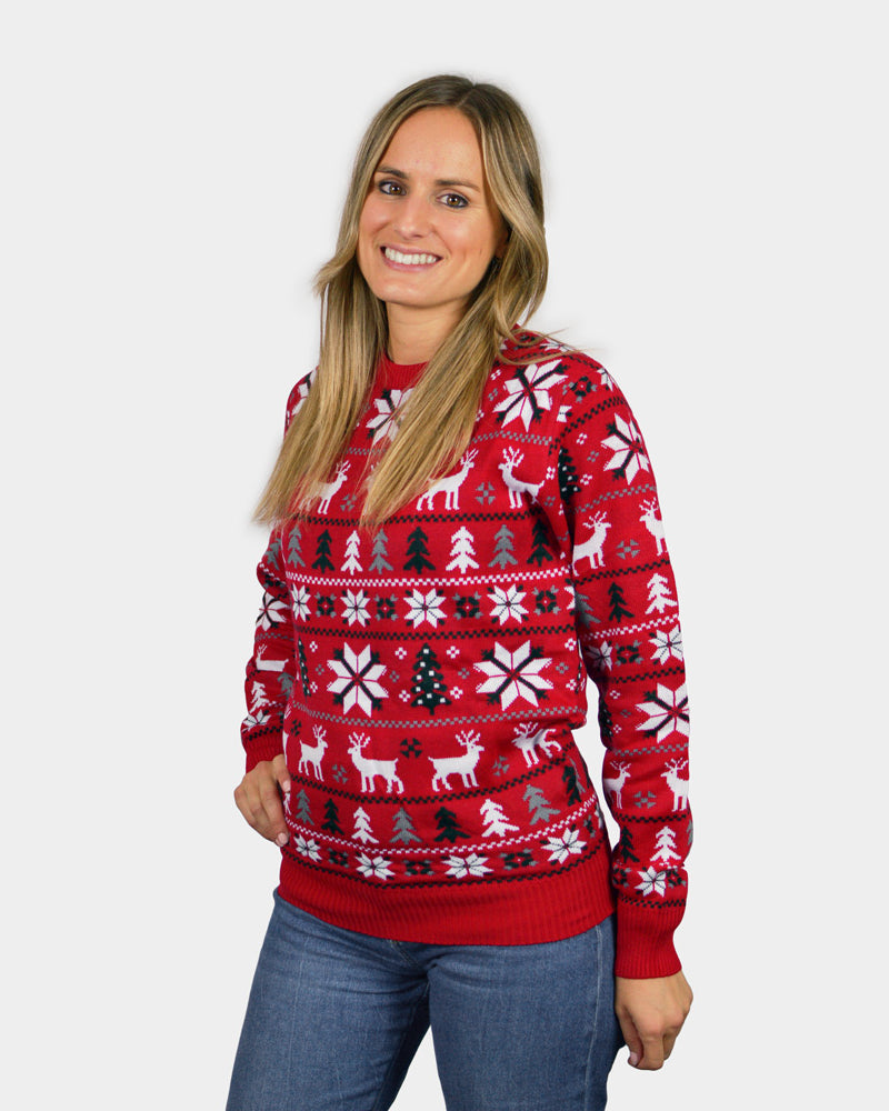 Jersey de Navidad para Mujer Rojo con Renos, Árboles y Estrellas Polares