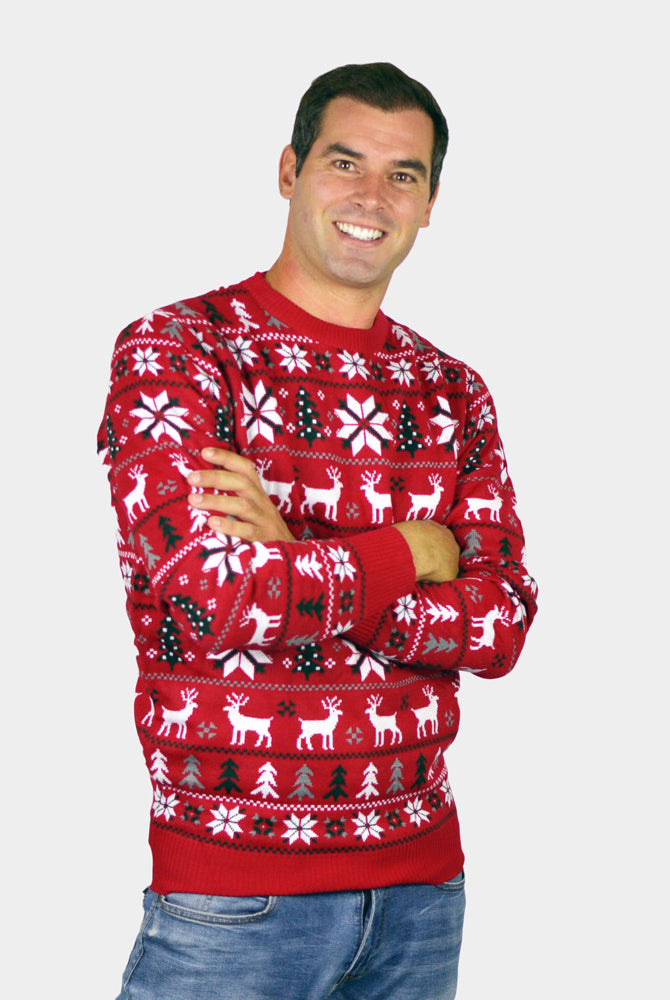 Jersey de Navidad Parejas Rojo con Renos, Árboles y Estrellas Polares Hombre