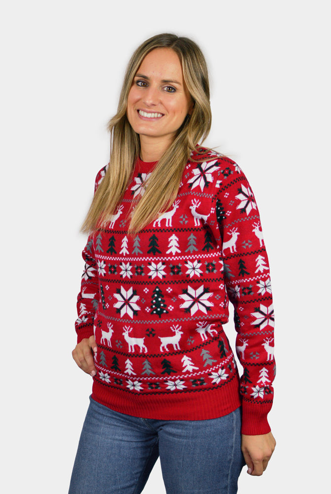Jersey de Navidad Parejas Rojo con Renos, Árboles y Estrellas Polares Mujer