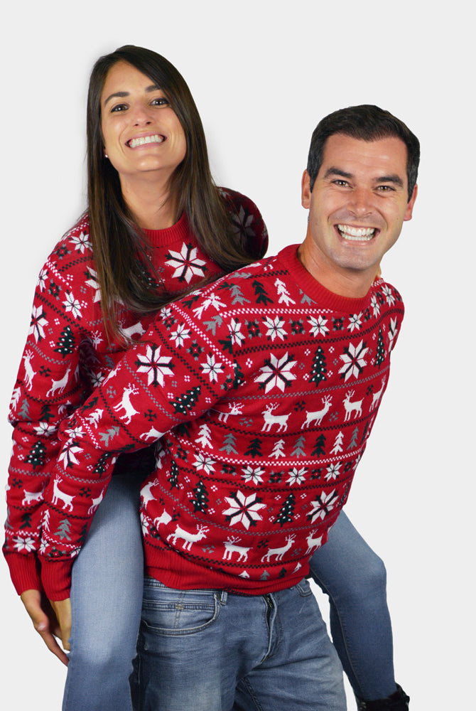 Jersey de Navidad Parejas Rojo con Renos, Árboles y Estrellas Polares