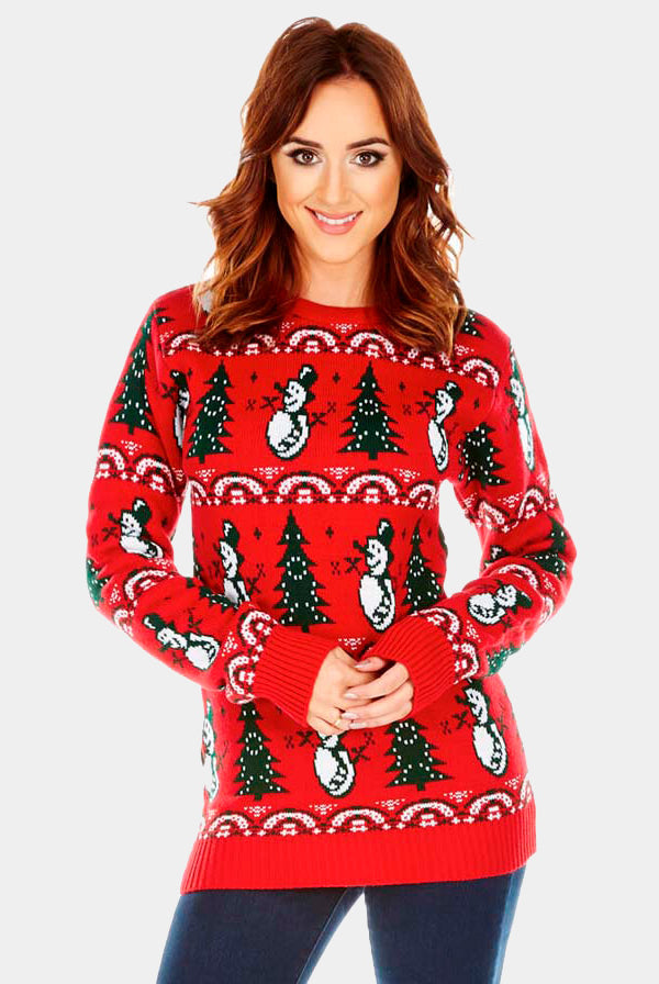 Jersey Navideño Rojo con Pinos y Muñecos de Nieve mujer