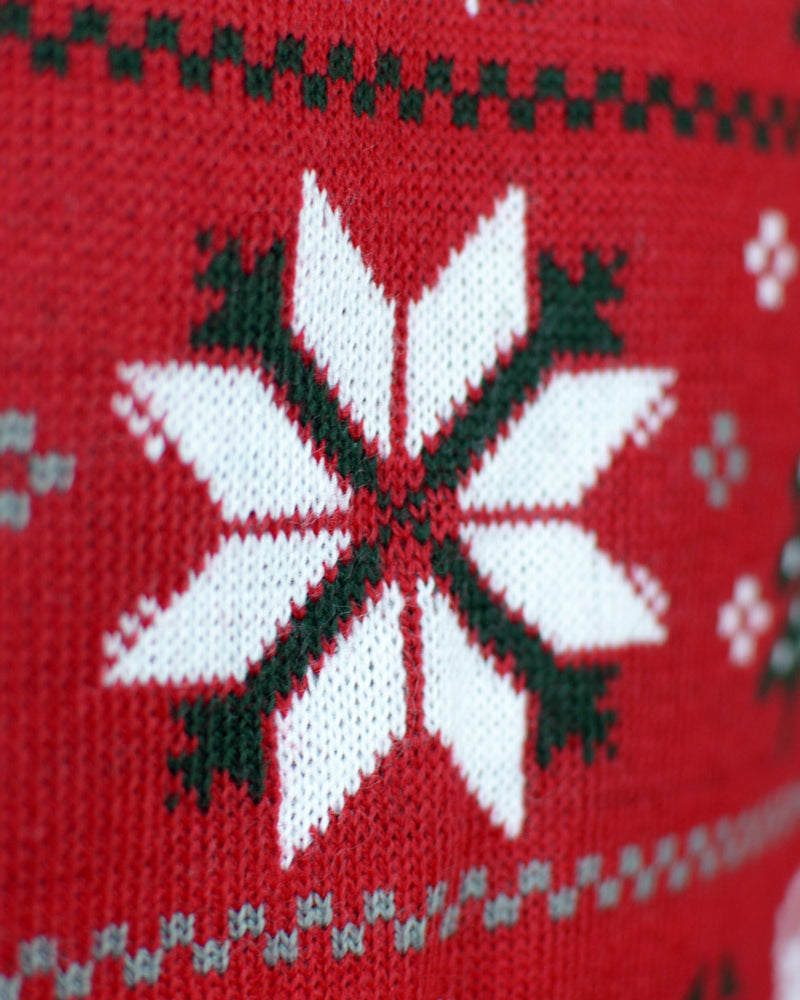 Jersey de Navidad para Familia Rojo Renos, Árboles y Estrellas Polares Detalle