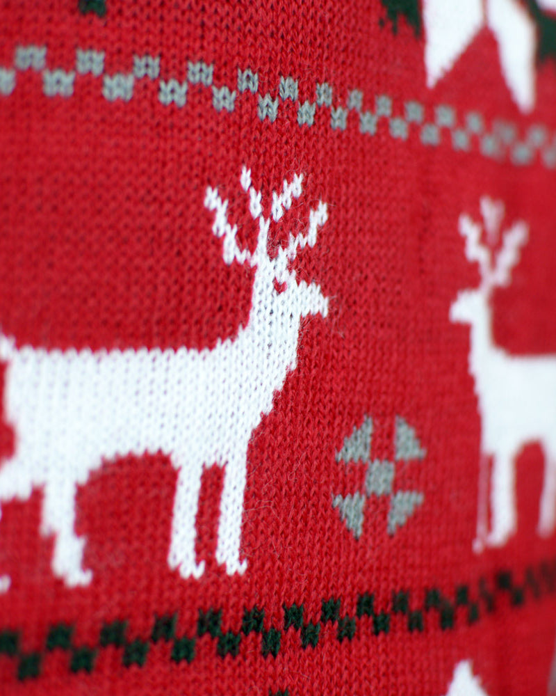Jersey de Navidad para Familia Rojo Renos, Árboles y Estrellas Polares Detalle Renos