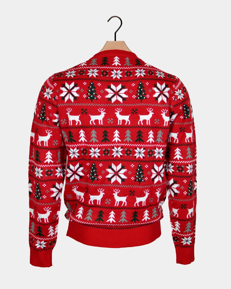 Jersey de Navidad para Familia Rojo Renos, Árboles y Estrellas Polares Espalda