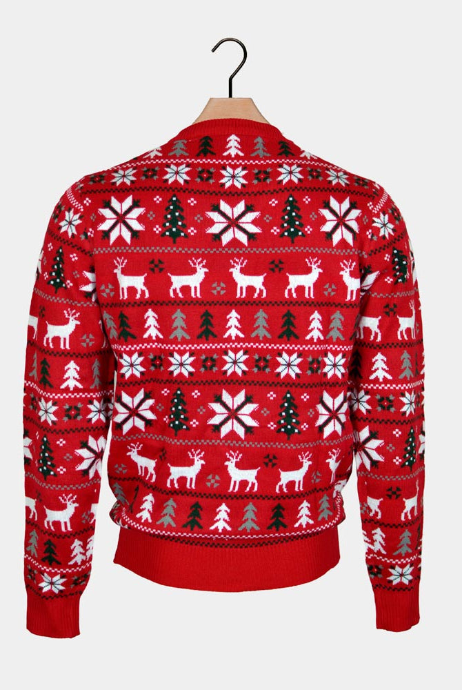Jersey de Navidad para Familia Rojo Renos, Árboles y Estrellas Polares Espalda