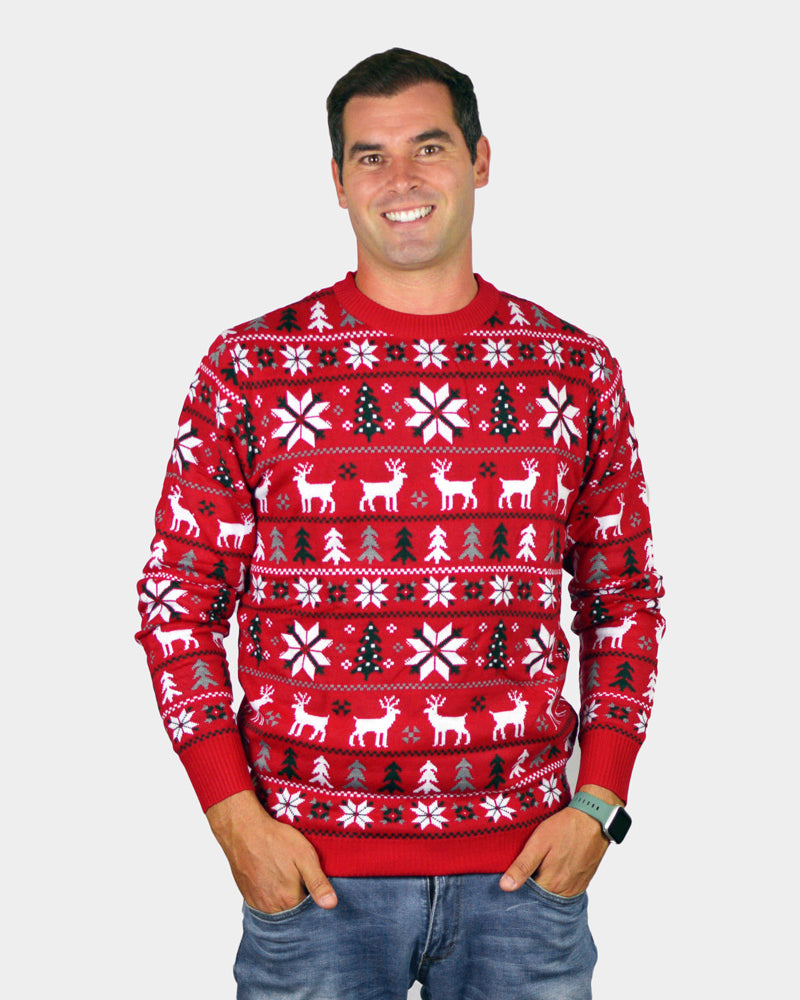 Jersey de Navidad para Familia Rojo Renos, Árboles y Estrellas PolaresHombre