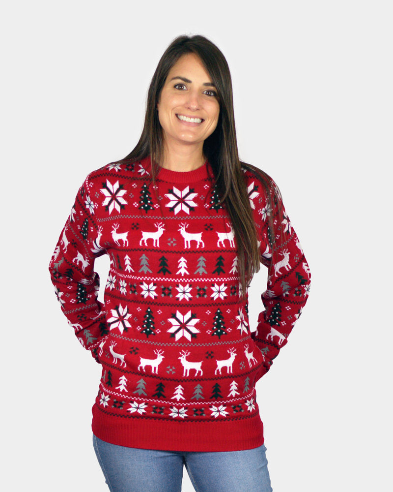 Jersey de Navidad para Familia Rojo Renos, Árboles y Estrellas Polares Mujer