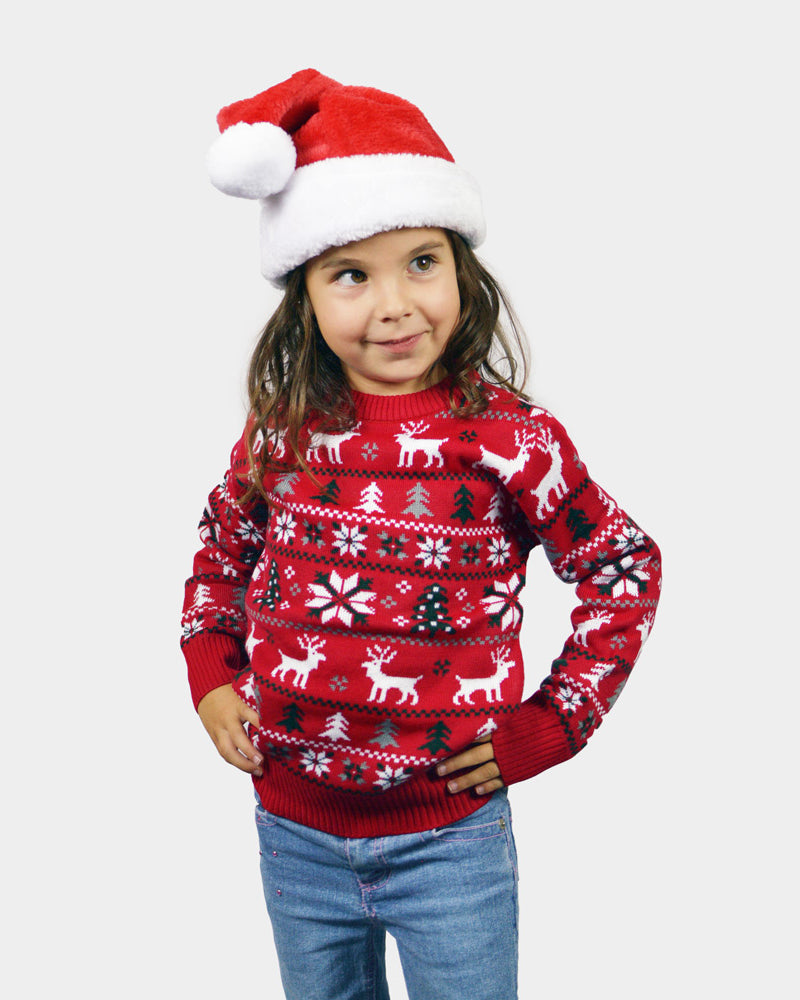 Jersey de Navidad para Familia Rojo Renos, Árboles y Estrellas Polares Niños