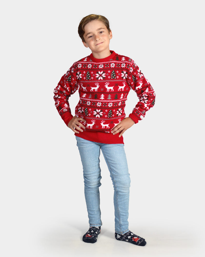 Jersey de Navidad para Familia Rojo Renos, Árboles y Estrellas Polares Niños