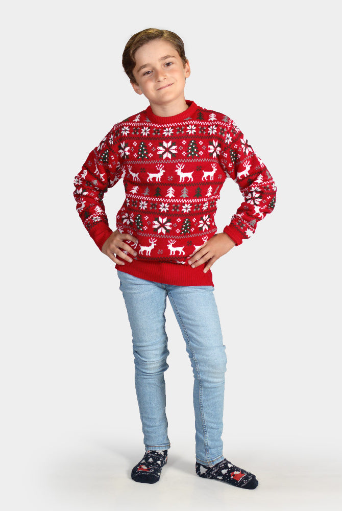 Jersey de Navidad para Familia Rojo Renos, Árboles y Estrellas Polares Niños
