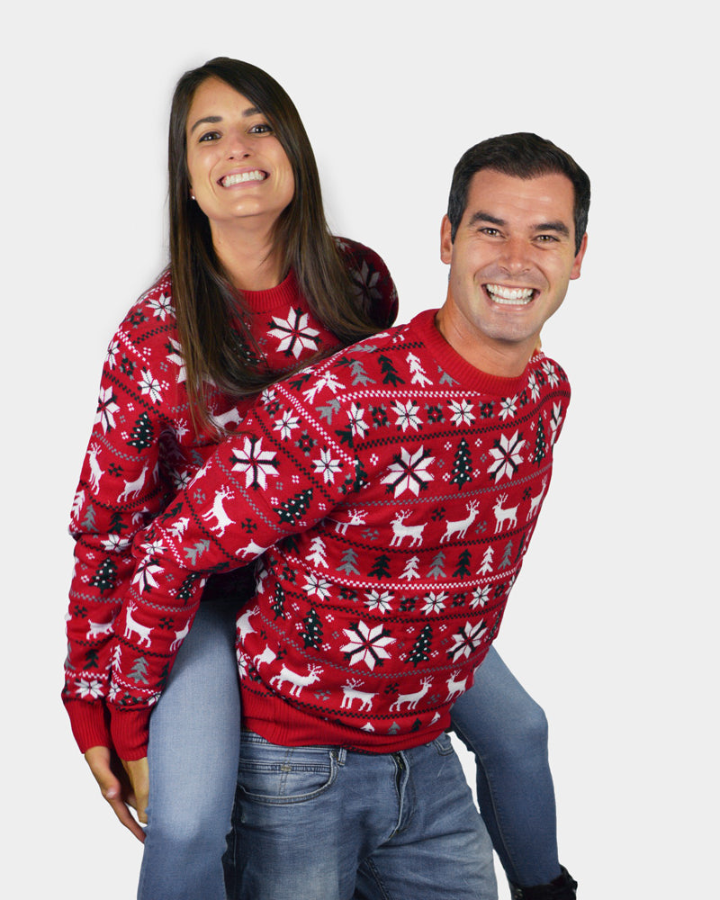 Jersey de Navidad para Familia Rojo Renos, Árboles y Estrellas Polares