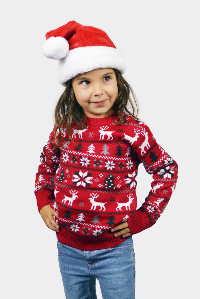 Jersey de Navidad para Niña Rojo Renos, Árboles y Estrellas Polares