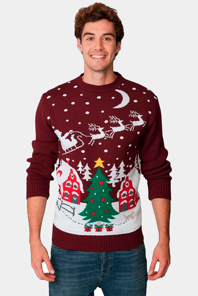 Jersey Navideño hombre Santa en Trineo y Árbol de Navidad