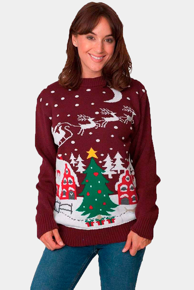 Jersey Navideño Santa en Trineo y Árbol de Navidad mujer