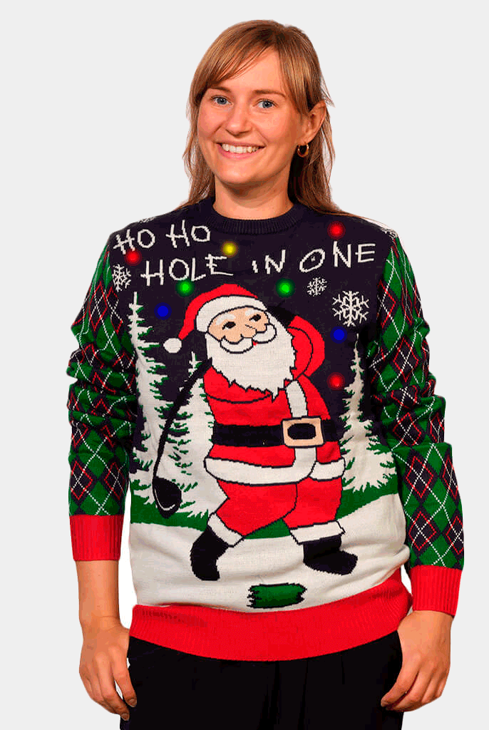 Jersey de Navidad con Luces LED Parejas con Santa jugando al Golf Mujer