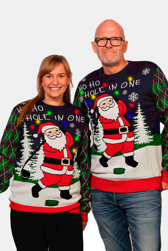 Jersey de Navidad con Luces LED para Parejas con Santa jugando al Golf