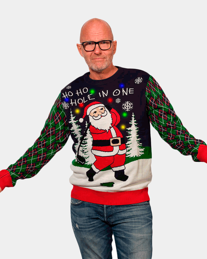 Jersey de Navidad con Luces LED Parejas con Santa jugando al Golf Hombre