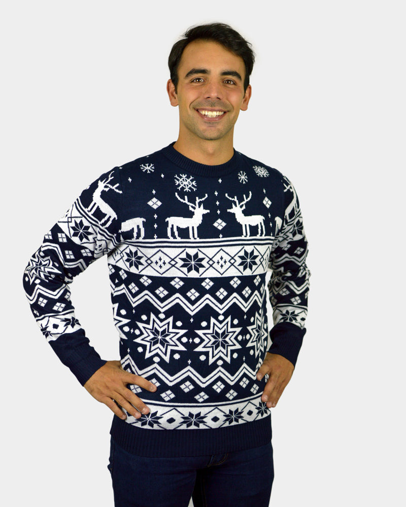 Jersey Navideño para Familia con Renos y Estrellas Azul NordicHombre
