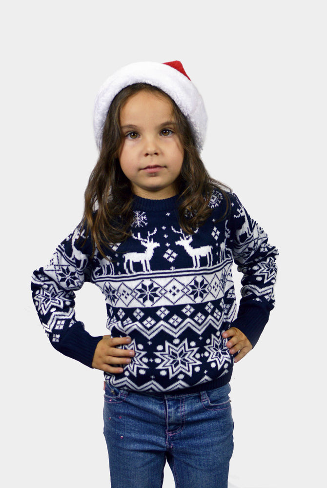 Jersey Navideño para Familia con Renos y Estrellas Azul Nordic