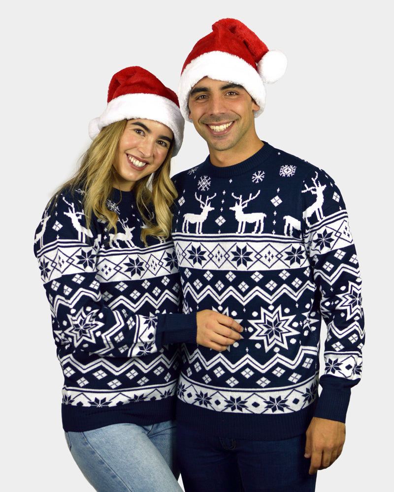 Jersey Navideño para Familia con Renos y Estrellas Azul Nordic parejas