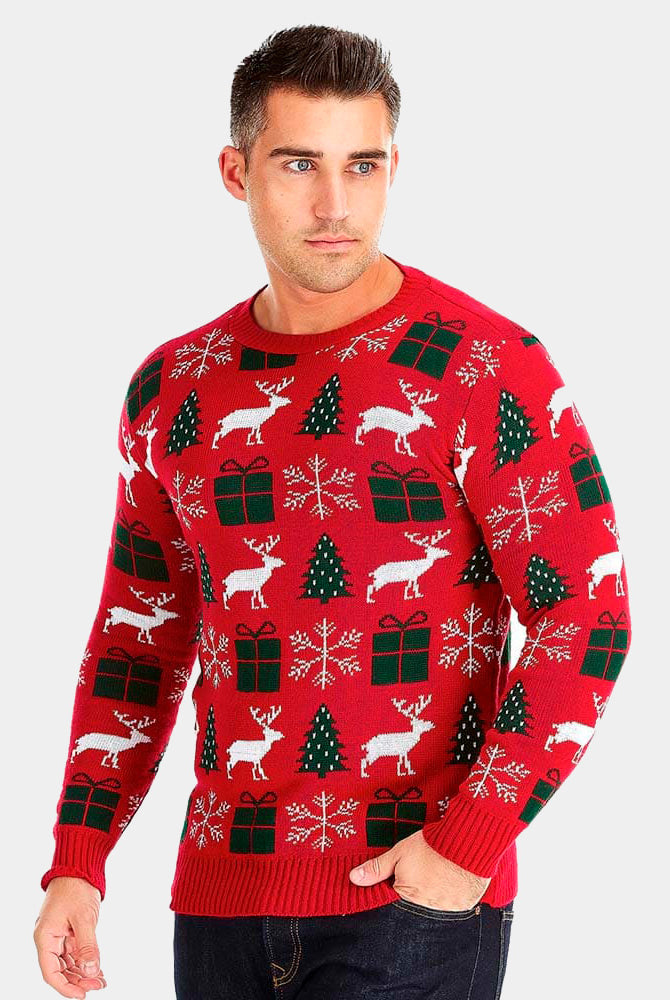 Jersey Navideño hombre Rojo con Renos, Regalos y Pinos