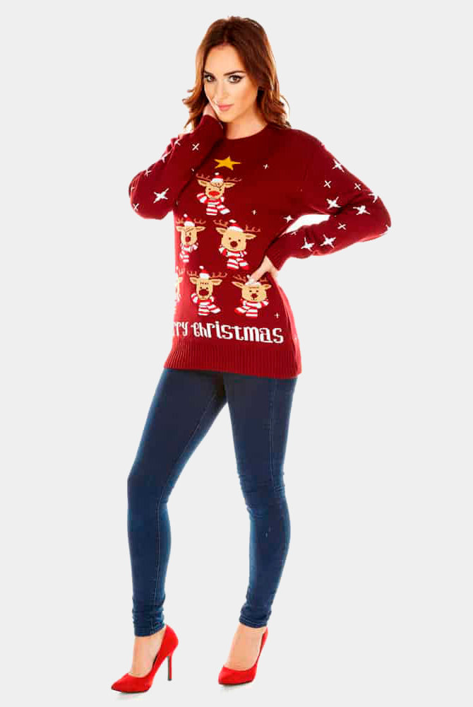 Jersey Navideño mujer Granate Renos Árbol de Navidad y Estrella