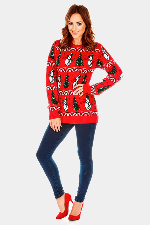 Jersey Navideño mujer Rojo con Pinos y Muñecos de Nieve