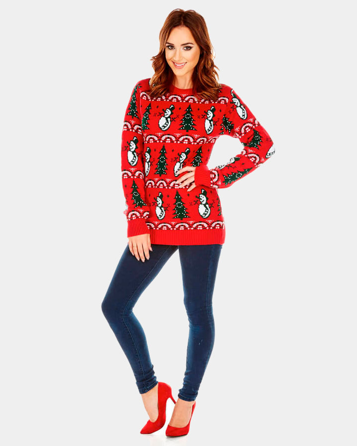 Jersey Navideño mujer Rojo con Pinos y Muñecos de Nieve