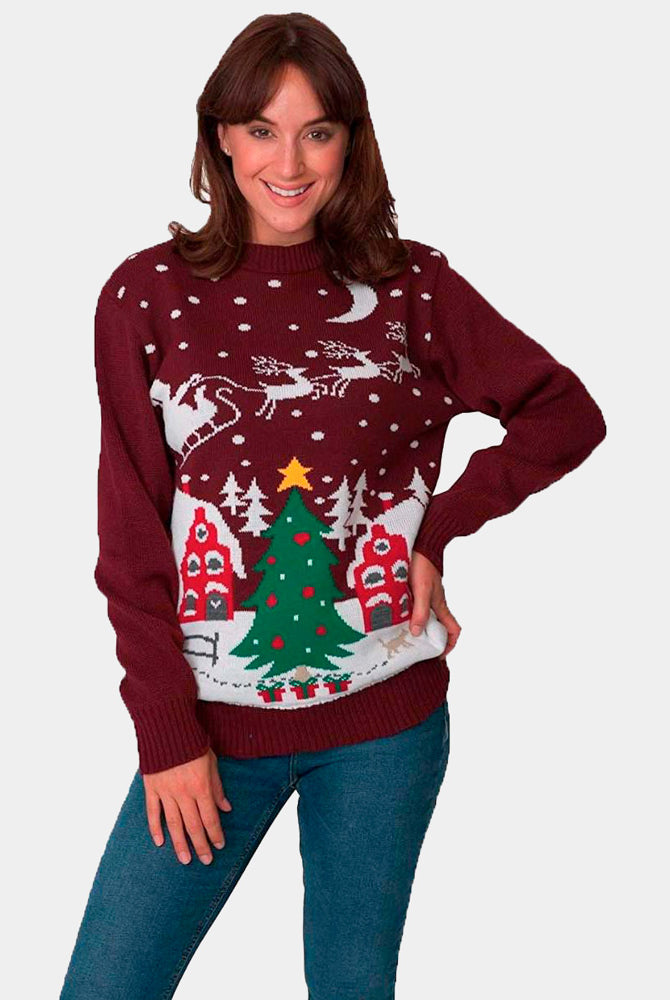 Jersey Navideño mujer Santa en Trineo y Árbol de Navidad