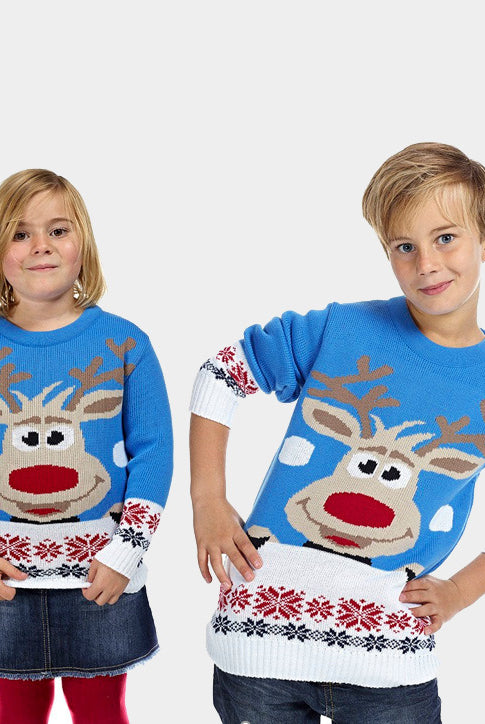 Jersey de Navidad para Niña y Niño Azul Claro con Reno y Nieve
