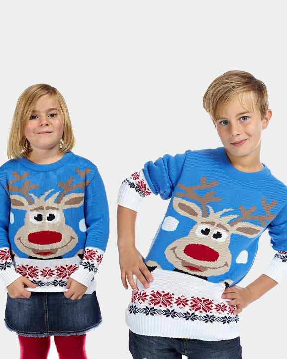 Jersey de Navidad para Niña y Niño Azul Claro con Reno y Nieve