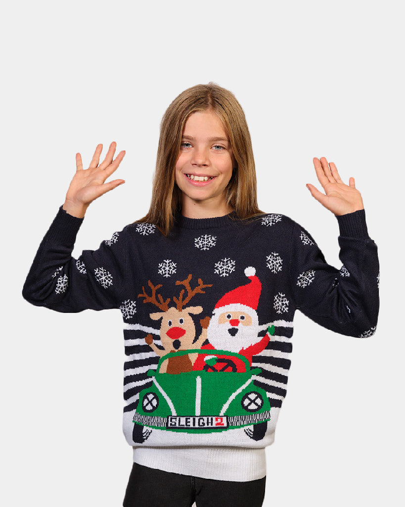 Jersey de Navidad para Familia Reno y Papá Noel conduciendo Niña