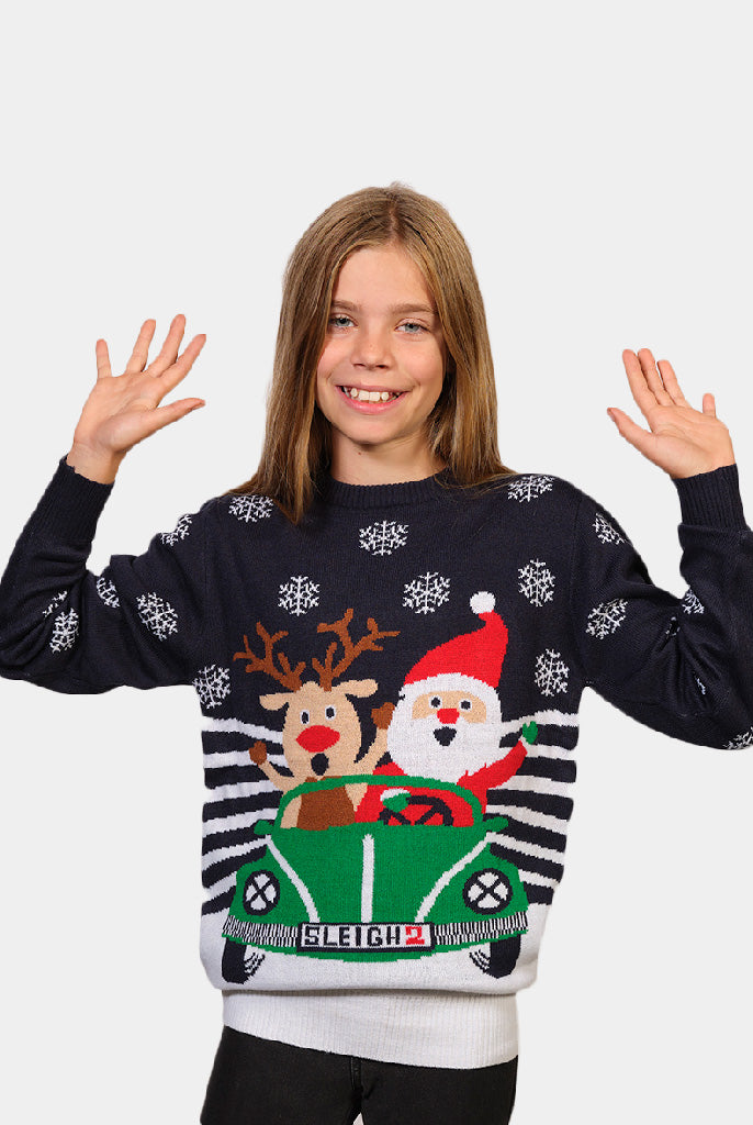Jersey de Navidad para Familia Reno y Papá Noel conduciendo Niña