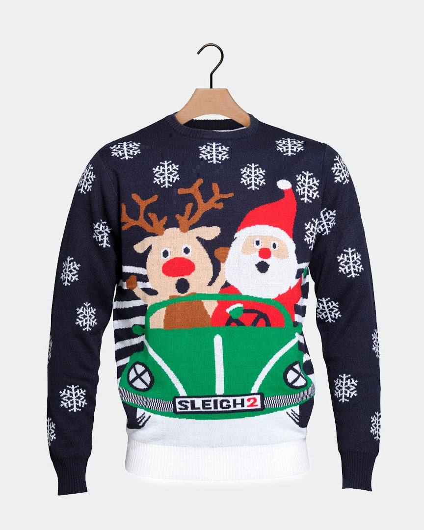 Jersey de Navidad para Familia Reno y Papá Noel conduciendo