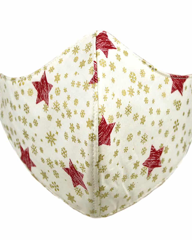 Mascarilla Navideña Blanca y Estrellas Rojas