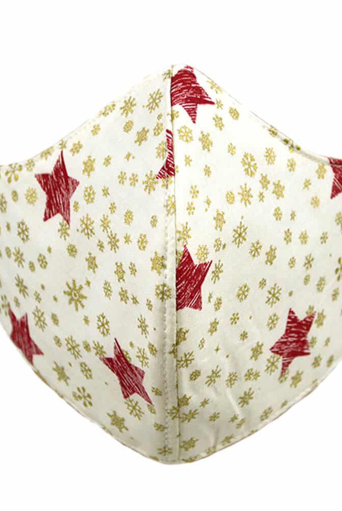 Mascarilla Navideña Blanca y Estrellas Rojas