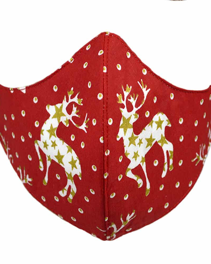 Mascarilla Navideña Roja y Renos Dorados Grandes