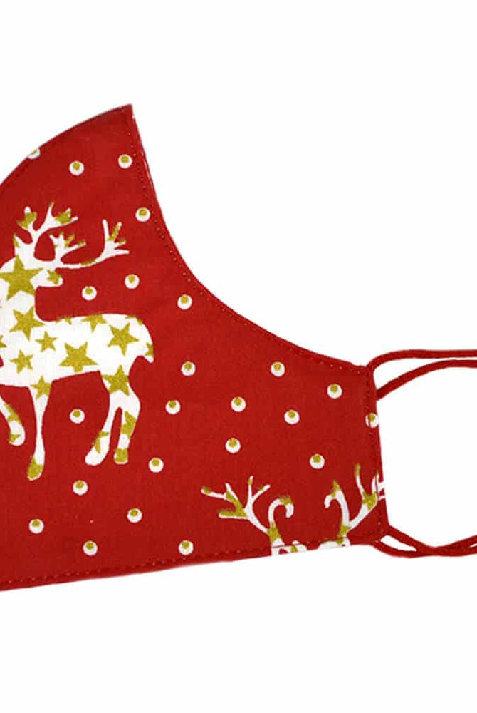 Mascarilla de Navidad Roja y Renos Dorados Grandes