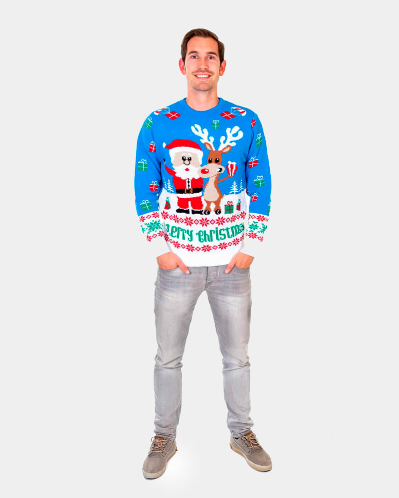 Jersey Navideño Hombre Azul Claro Cielo Reno y Papá Noel