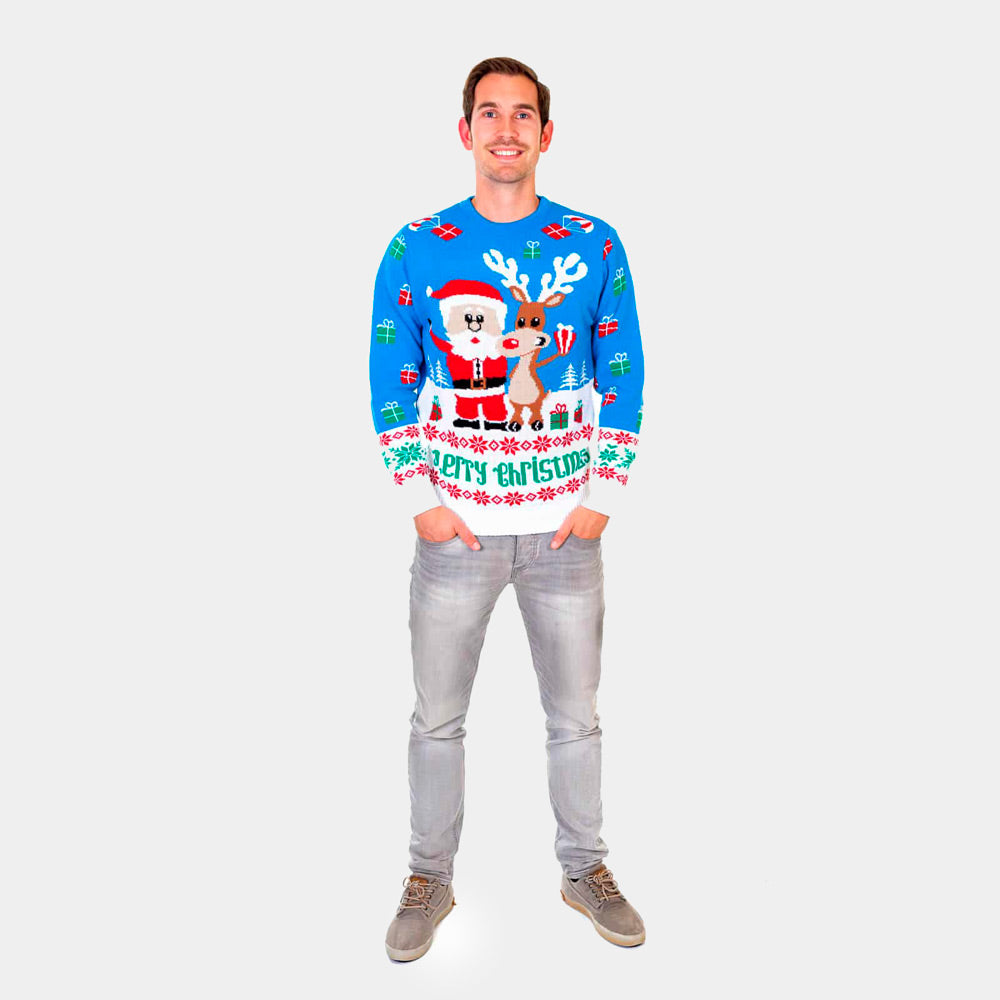 Jersey Navideño Hombre Azul Claro Cielo Reno y Papá Noel