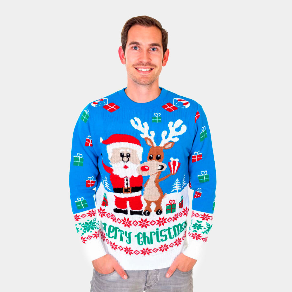 Jersey Navideño Hombre Azul Claro Cielo Reno y Papá Noel