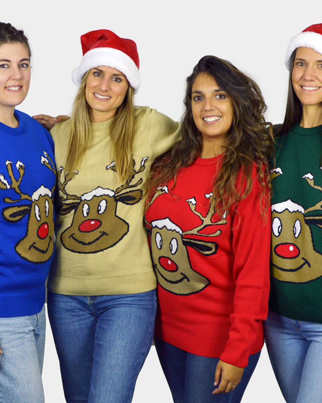 Jersey de Navidad para Mujer Reno Sonriente Azul grupo