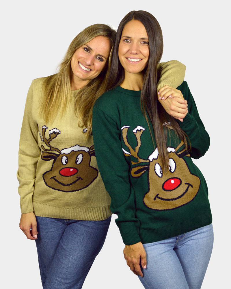 Jersey de Navidad para Familia Reno Sonriente Verde chicas